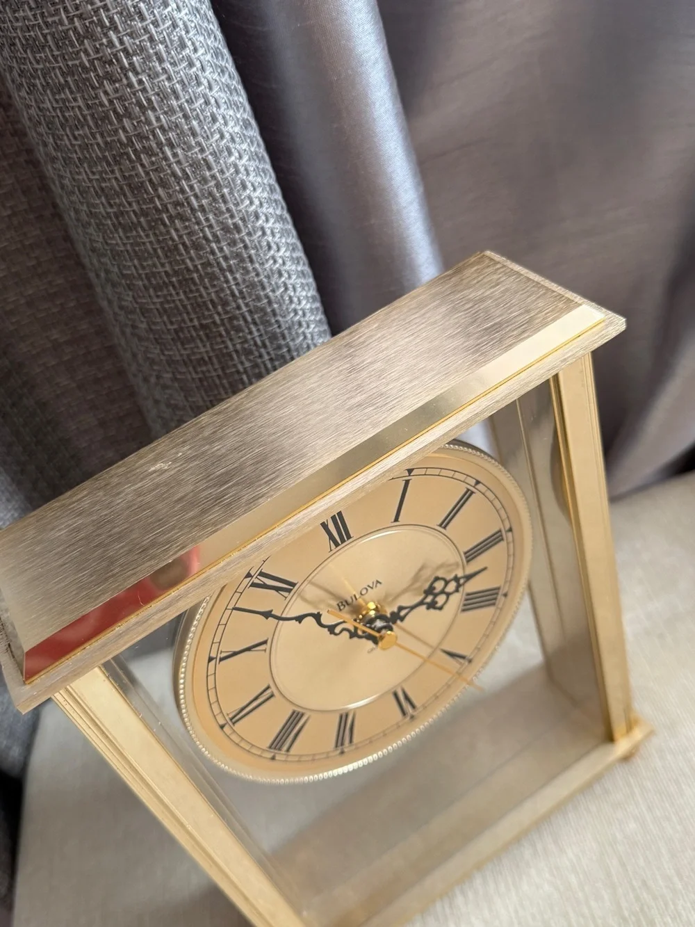 Bulova Gold Tone Glass Mantel Clock with Roman Dial